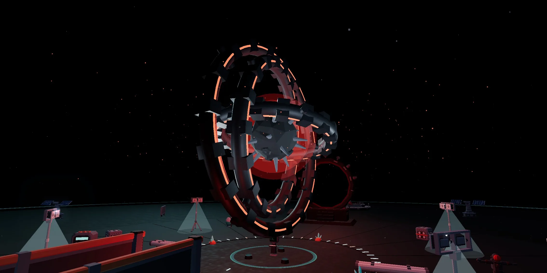 The drive bay seen from above and to one side. Three nested gimbal rings turn around a spiked core that is lit red from inside, and the painted platform ring sits on the deck below it.
