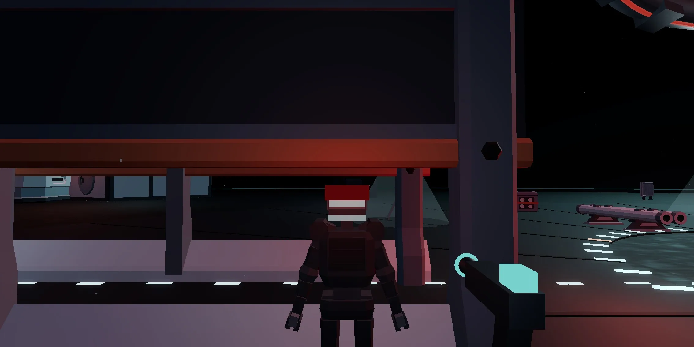 The same frame, unmoved. CANTOR's visor is now red, and the teal light has gone out of everything around him.