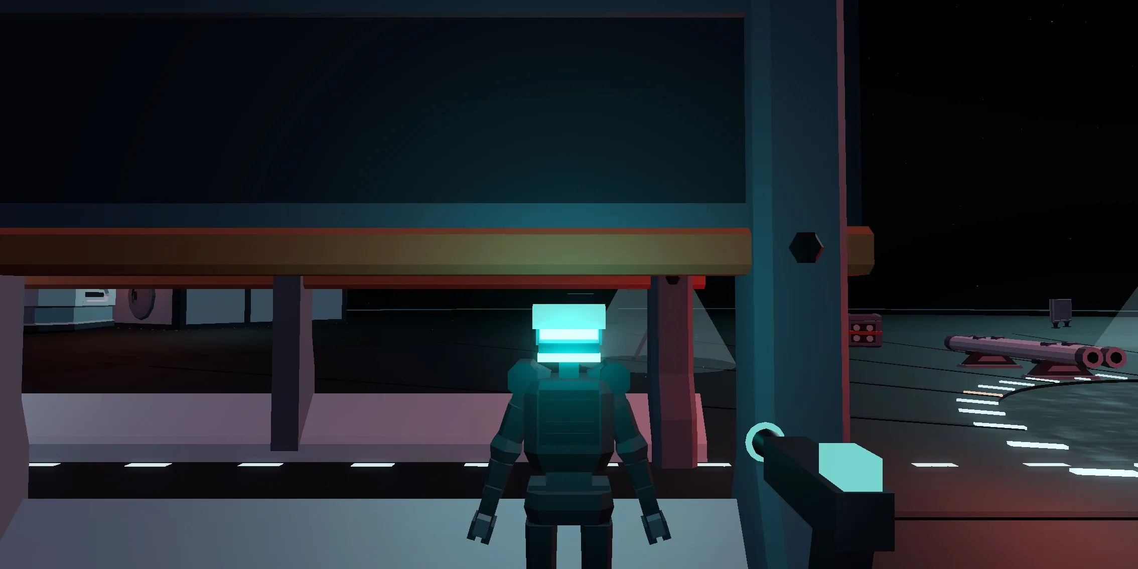 CANTOR stands about two and a half metres from the camera on the open deck, facing it. His visor is a bright teal bar, and the light from it falls on his own chest and shoulders.
