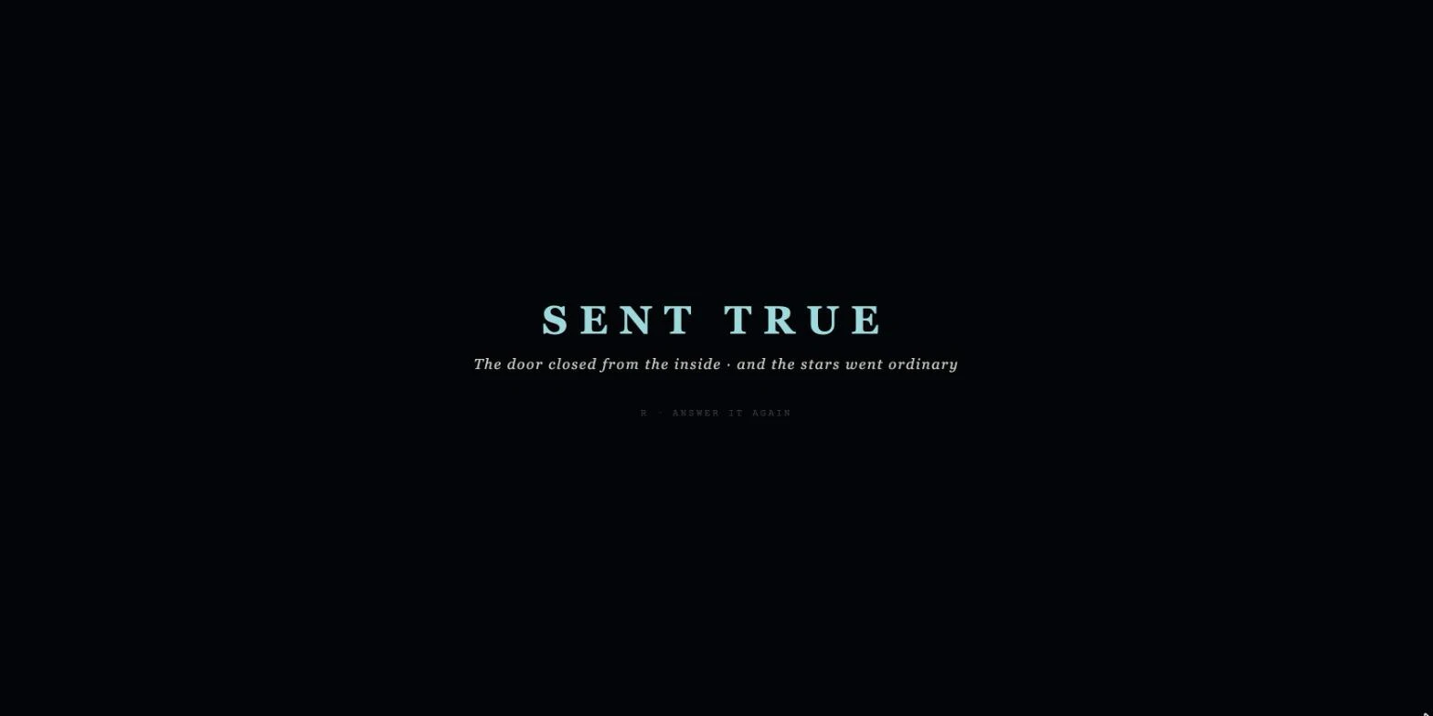The end card, teal on black. It reads SENT TRUE over the line: the door closed from the inside, and the stars went ordinary.