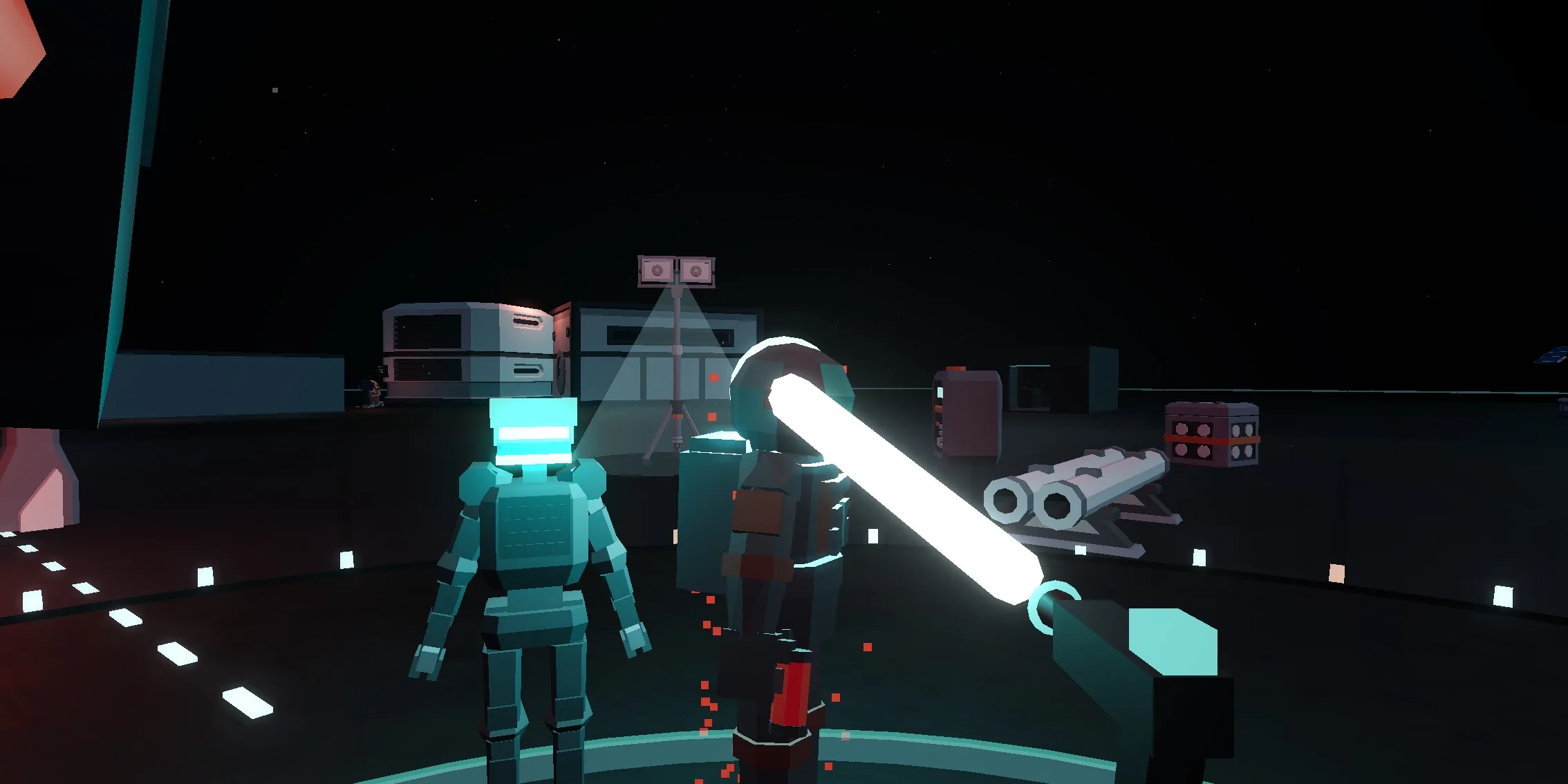 A crew member coming apart under the cutter beam. The figure has gone, and a dense column of small red particles is left rising and spreading where it stood.
