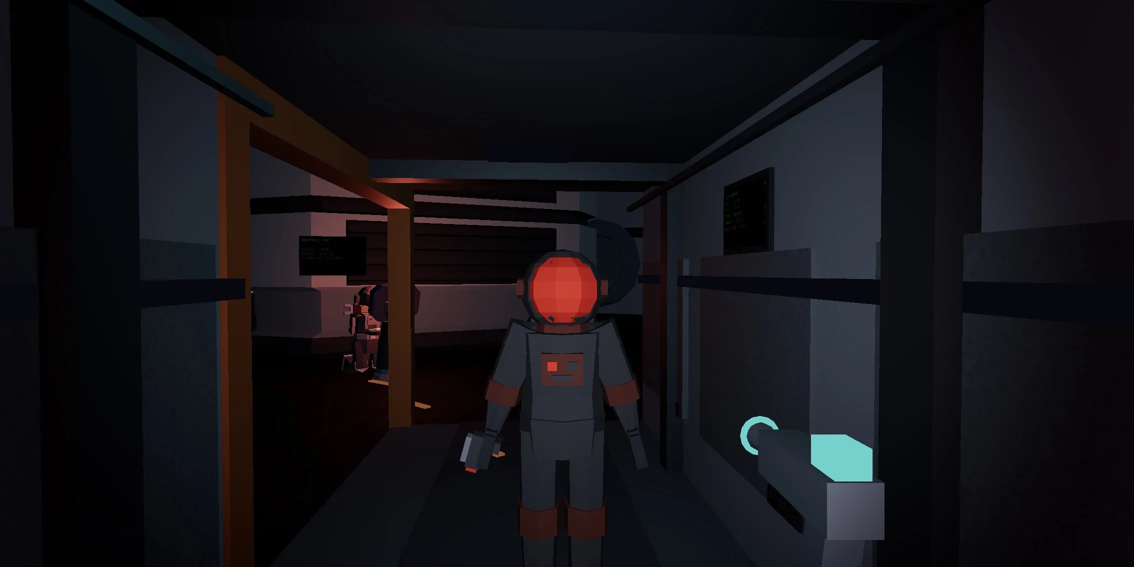 A crew member standing in the west branch corridor, turned to face the camera. Its helmet glows red and it holds a tool down at its side.