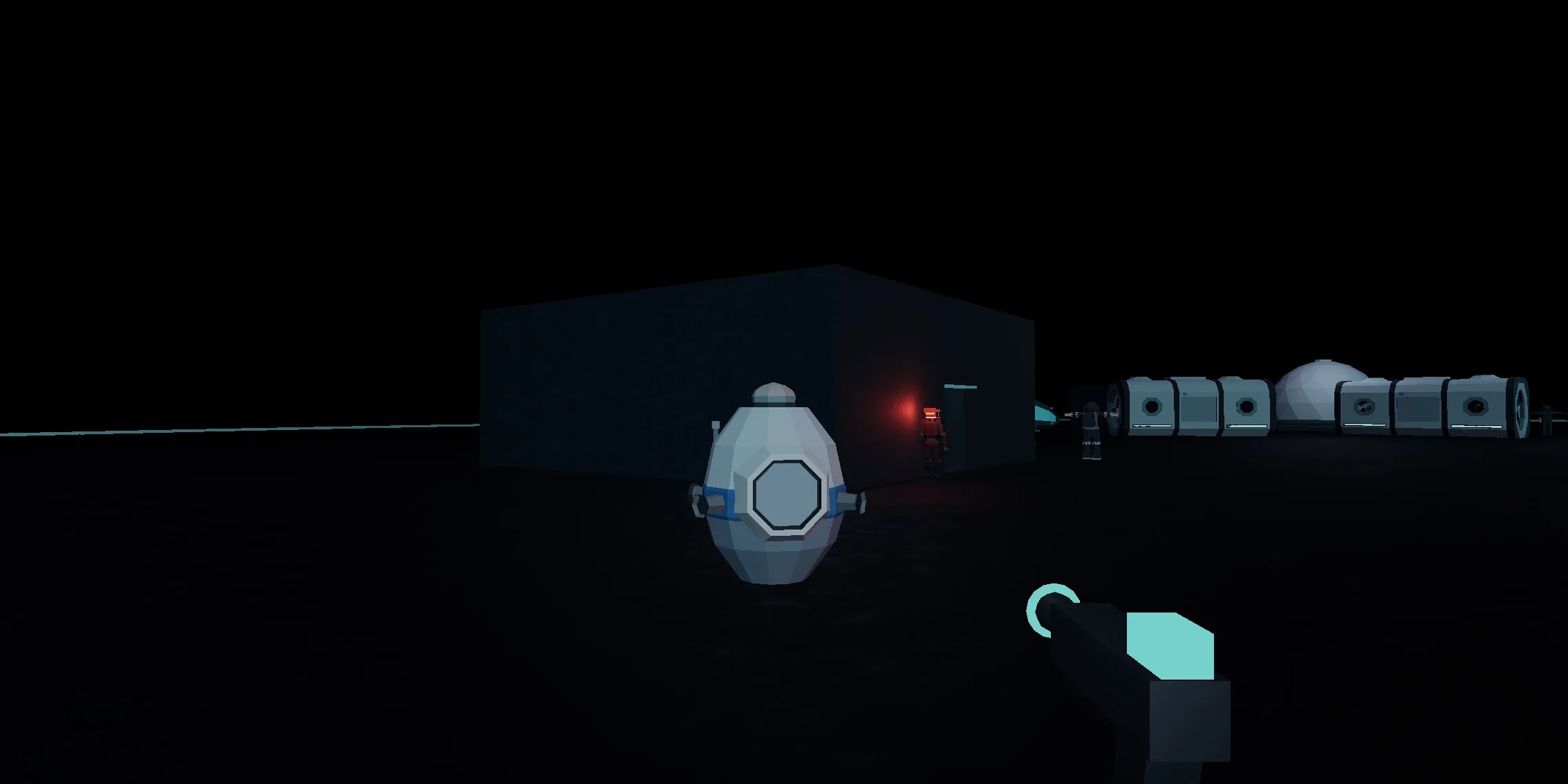 The escape pod standing on the open deck, with the block of the hangar behind it and the habitat modules strung out to the right.