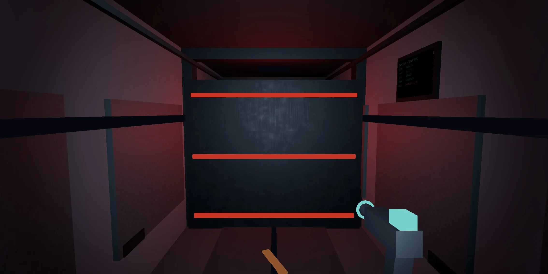 The fused service hatch in the west branch, filling the corridor. Three red weld lines run across it, and the corridor around it is lit red by emergency power.