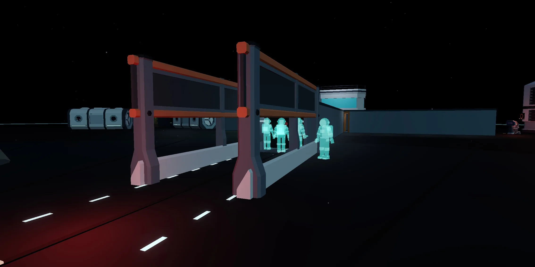 Four crew members remade as figures of teal light, walking north along the deck towards the berths in single file.