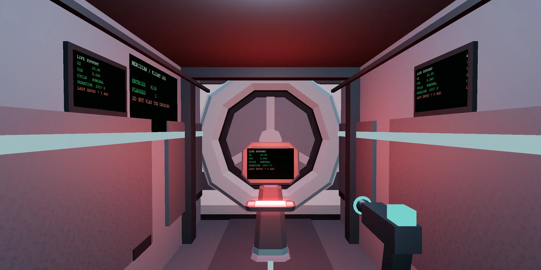 The command deck console at the north end of the spine, with a red strip still pulsing under its screen. A board on the wall reads MERIDIAN / FLIGHT LOG, ENTRIES 4118, FLAGGED 1, DO NOT PLAY THE CROSSING.