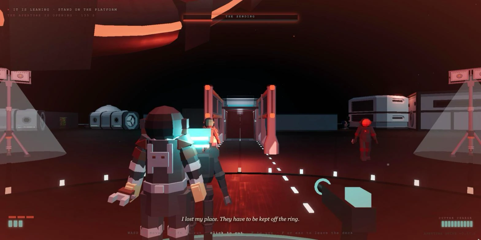 The whole screen washed red by the lean vignette. The objective line reads IT IS LEANING, STAND ON THE PLATFORM, the drive glows orange overhead, and two crew members stand close in front of the camera.