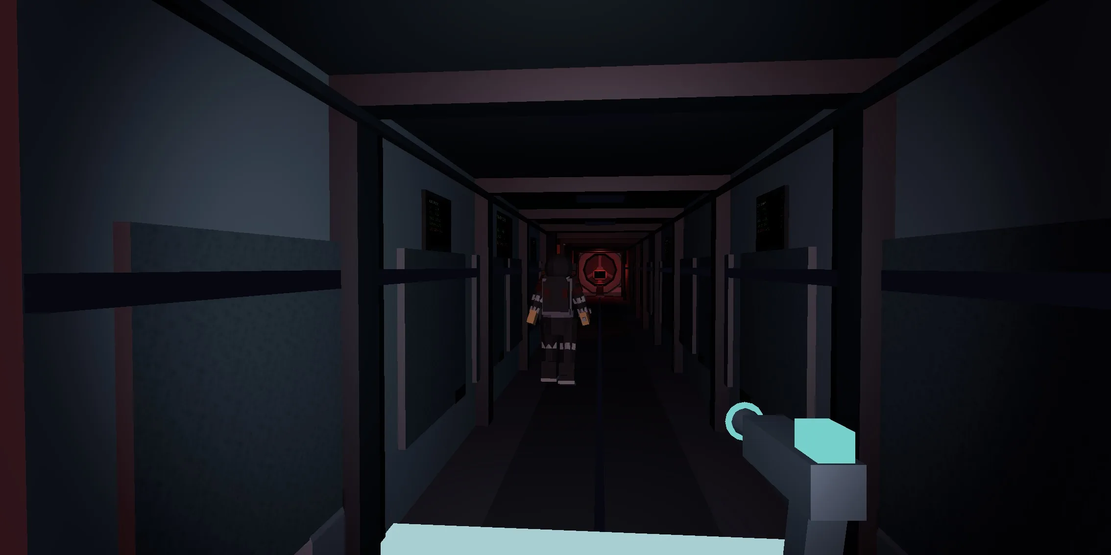 A crew member in a suit walking away up the dark spine corridor, caught mid-stride. The red beam of its helmet lamp lights the corridor ahead of it.