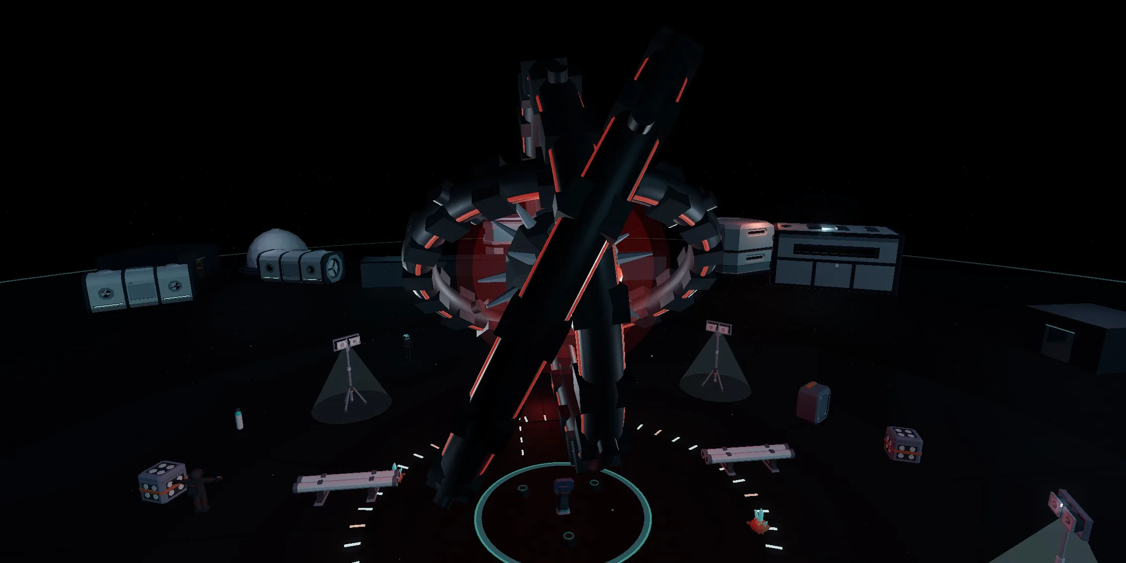 The drive with no interlocks seated. The gimbal rings hang still at rest angles, crossed over the dark core, with the deck lights and the painted platform ring below.
