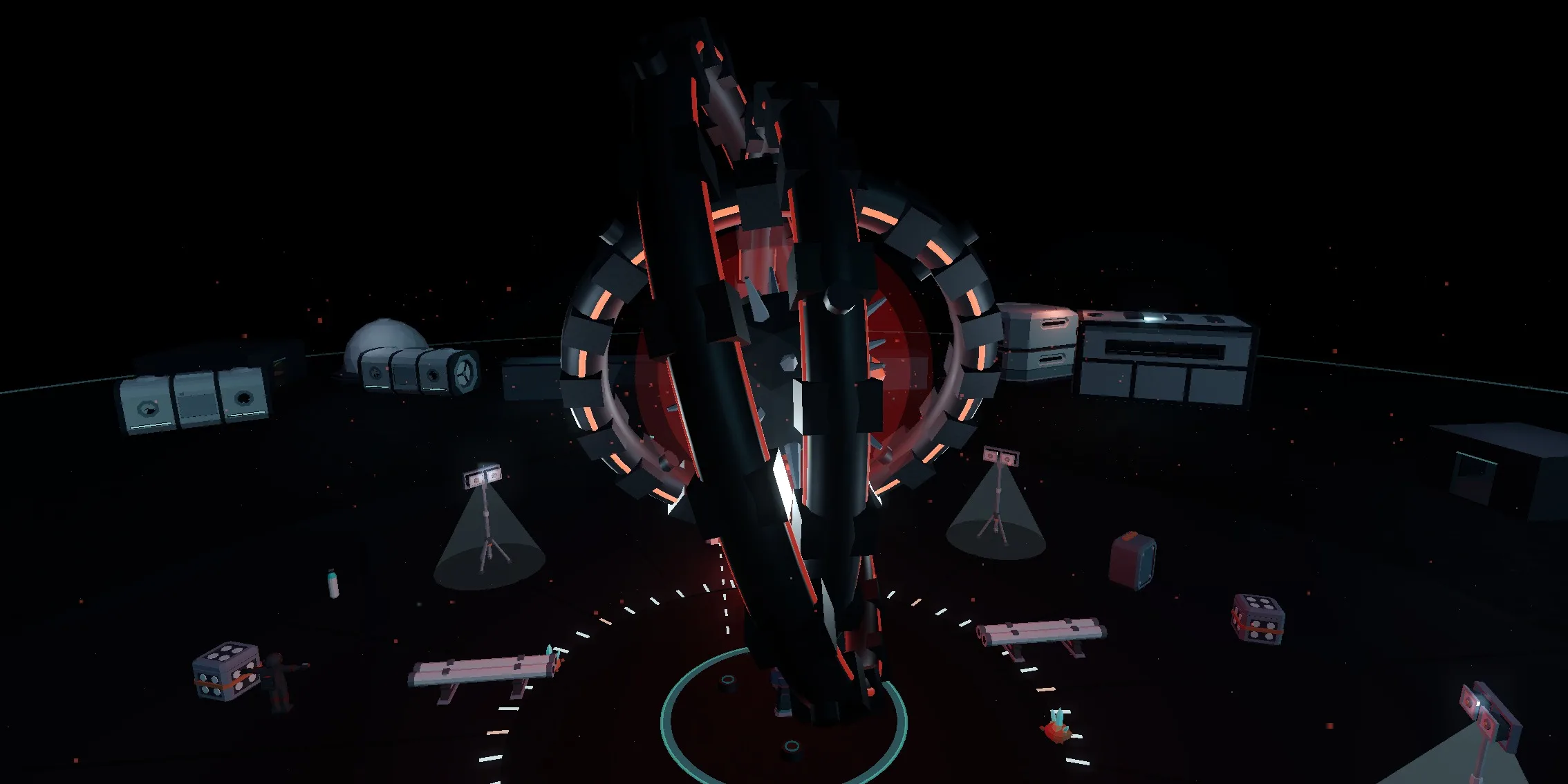 The same view with one interlock seated. The rings have come upright and are turning fast enough to blur, the core glows red behind them, and embers drift in the air.