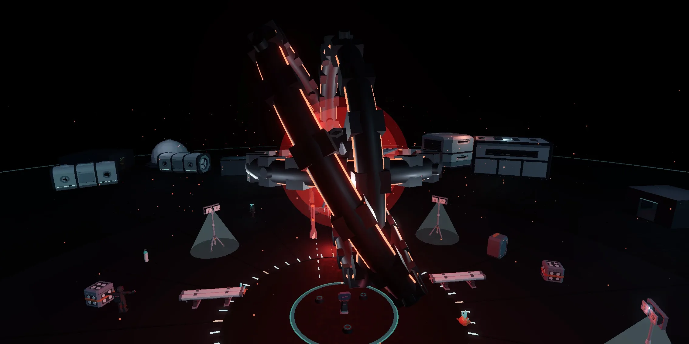 The same view with all three interlocks seated. Every ring is turning, the whole assembly glows hot orange, and the deck around it is lit red.