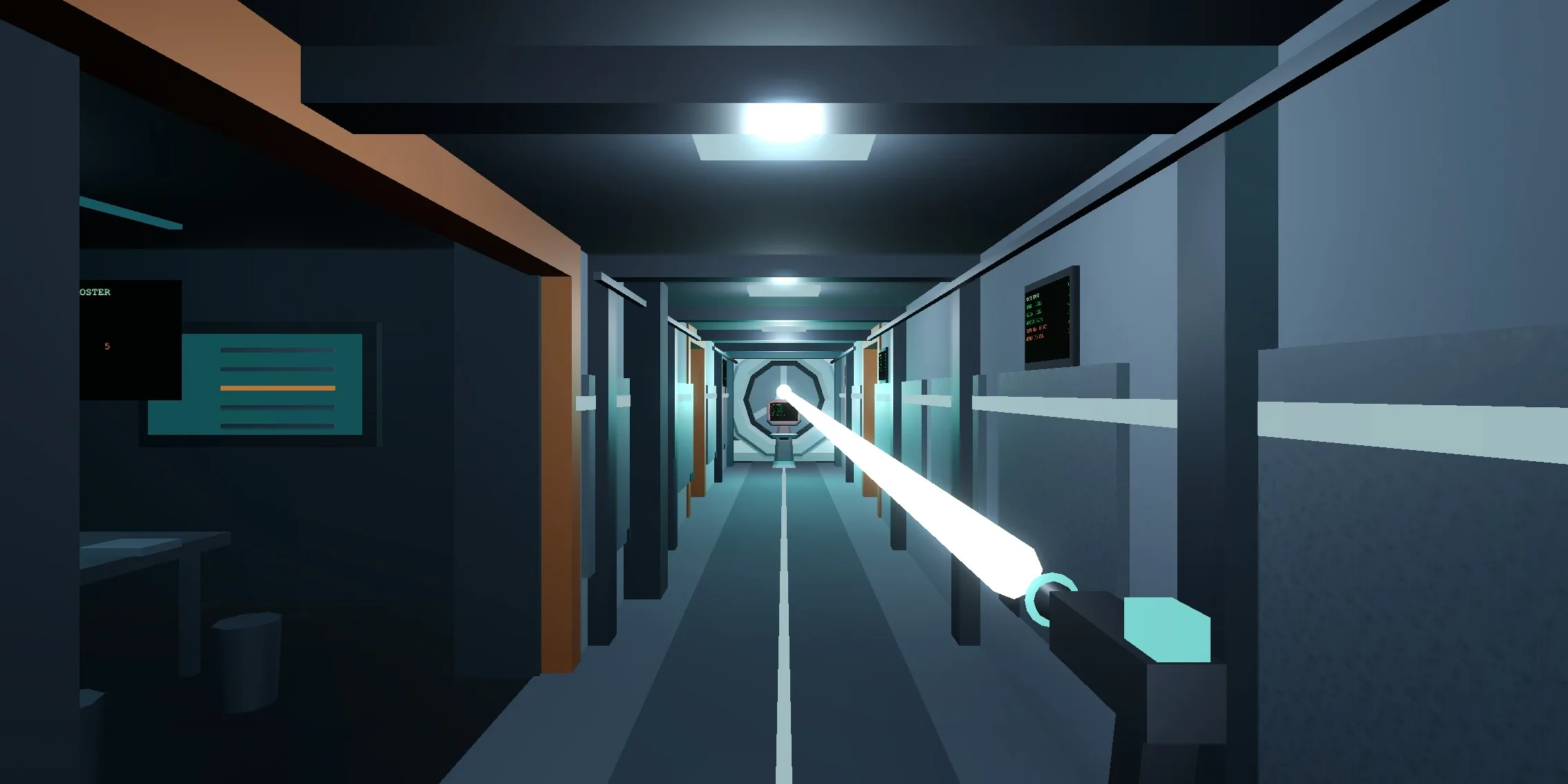 A first person view down the lit spine corridor. The salvage cutter is held low on the right with a teal accent ring at its muzzle, and a white beam runs from it to a hot bead of light at the far end of the corridor.