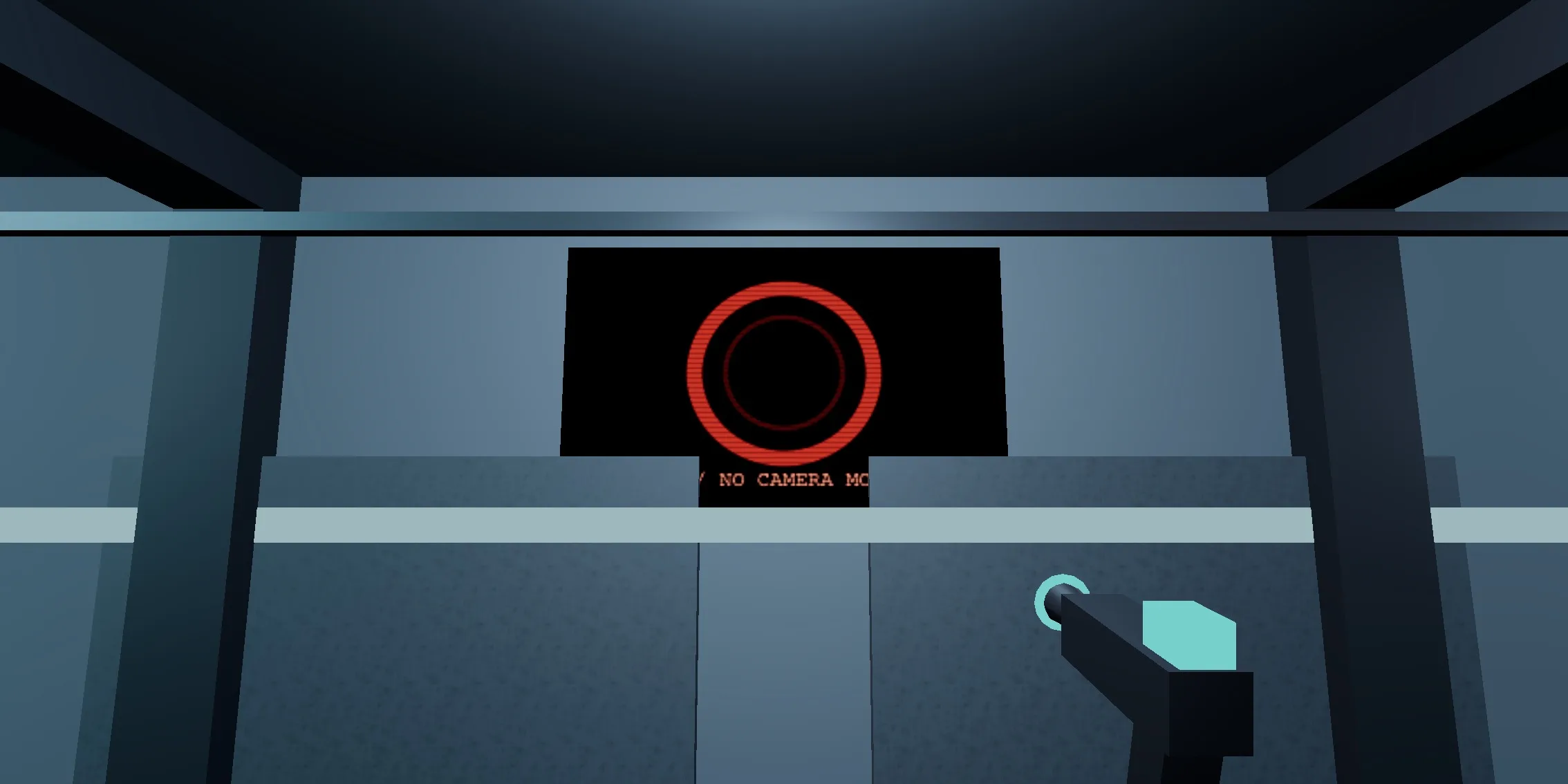 The same monitor after the reactor comes back. It now shows a red ring seen from the inside, with a caption under it that reads NO CAMERA MOUNTED.