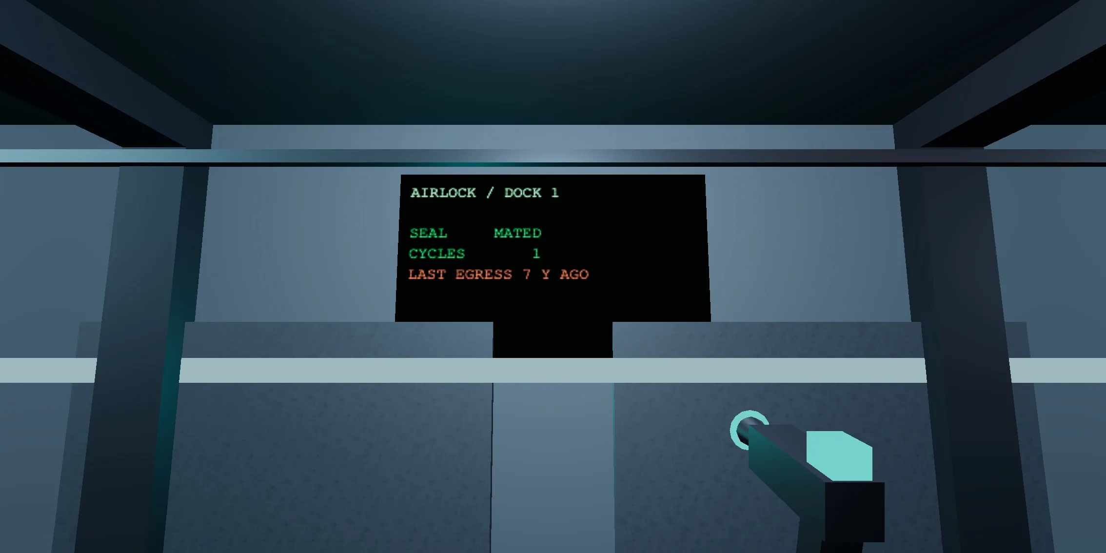 A wall monitor in the corridor, close enough to read. It reads AIRLOCK / DOCK 1, SEAL MATED, CYCLES 1, LAST EGRESS 7 Y AGO.