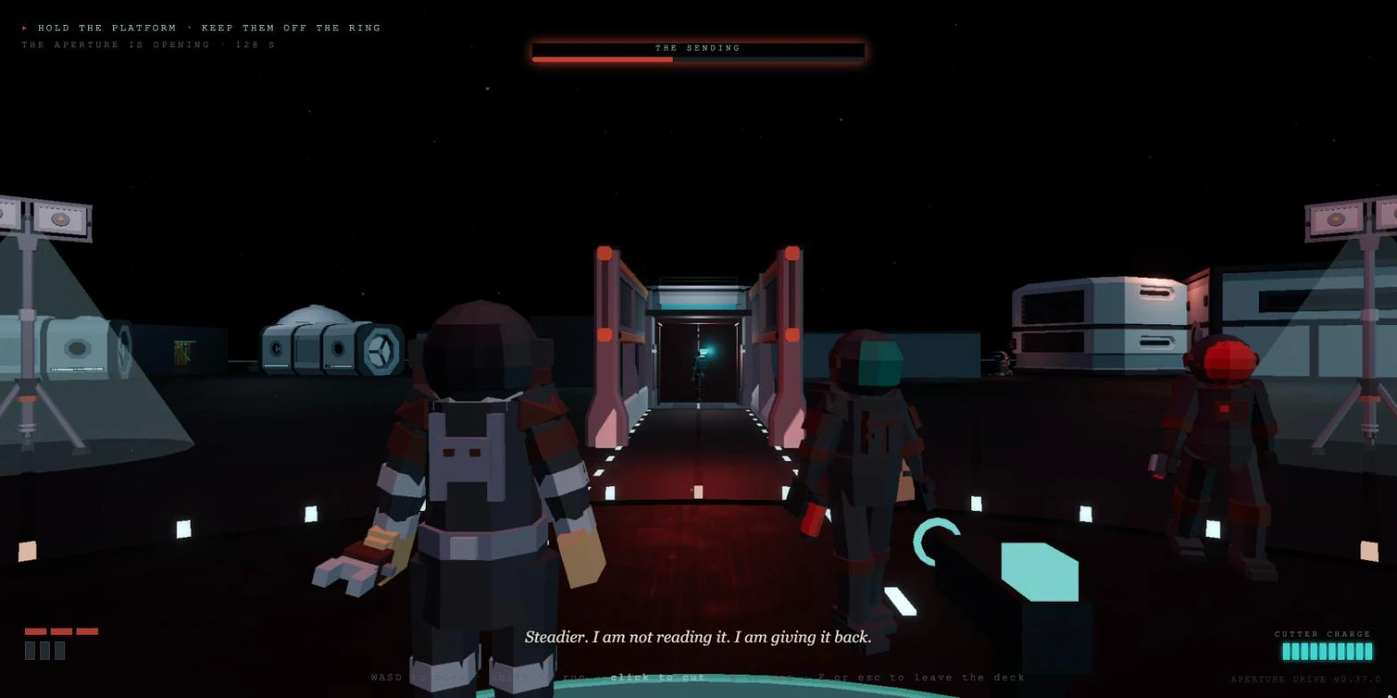 The full interface during a stanza. THE SENDING bar runs along the top, the objective line reads HOLD THE PLATFORM, KEEP THEM OFF THE RING, the state readout reads THE APERTURE IS OPENING with a countdown in seconds, and three air marks sit in the lower left. Three crew members are closing in across the deck.