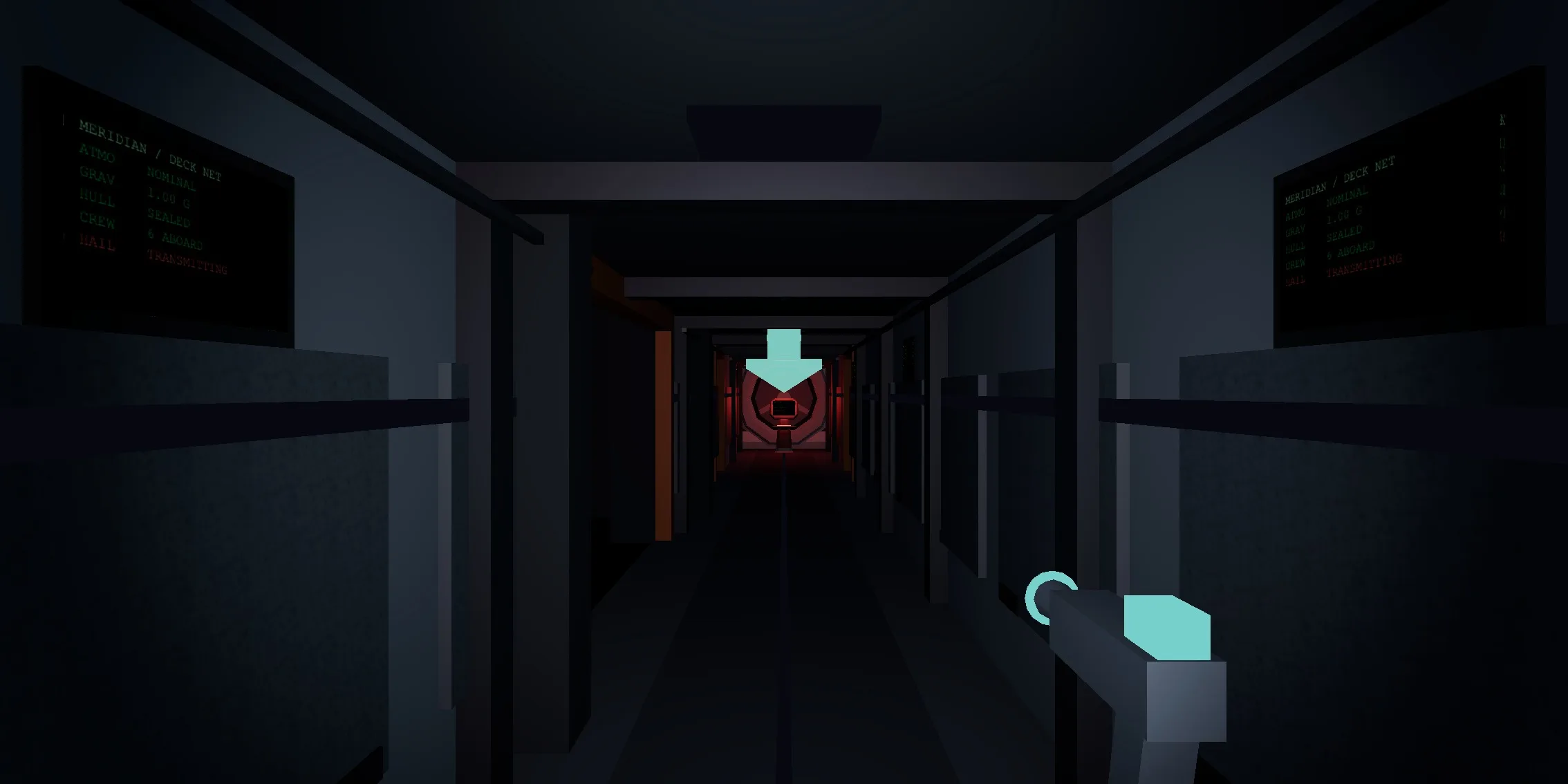 The same corridor with the power out. The monitors still glow faintly, the ceiling panels are dark, and the only strong light is the red of the command deck at the far end.