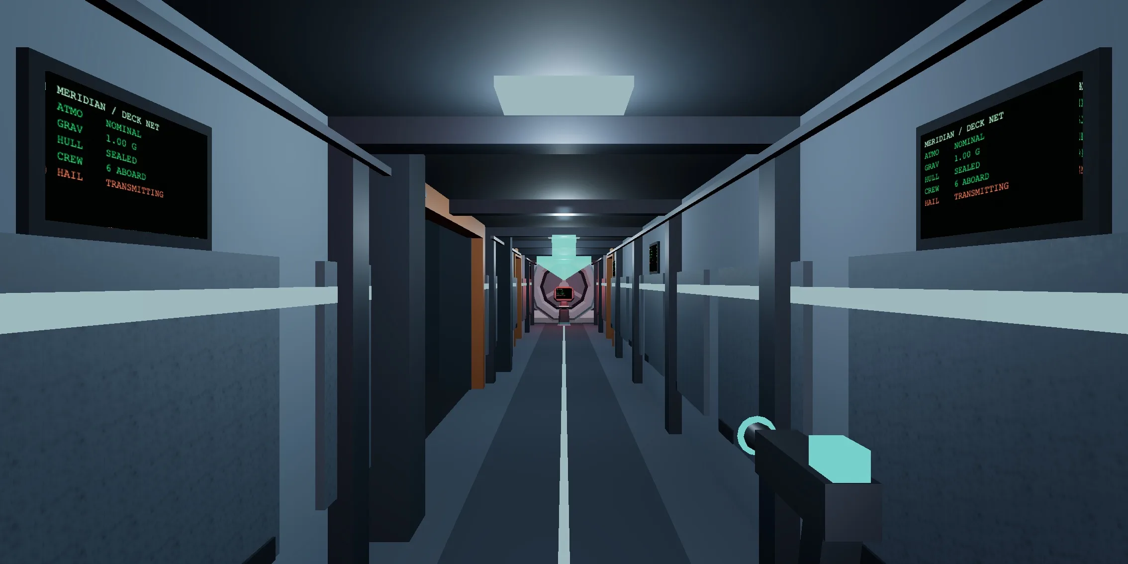 The spine corridor with the ship's power on. Ribs and conduit runs recede north, the ceiling panels are lit, a guide line runs down the middle of the floor, and deck-net monitors are mounted on both walls.