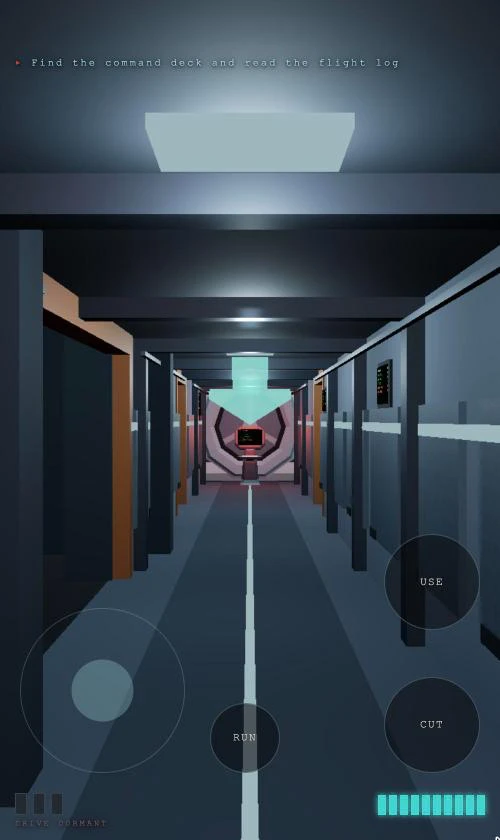 The game running at a phone-shaped viewport. A round thumb stick sits in the lower left, pills marked USE, CUT and RUN sit along the bottom and lower right, and the objective line runs across the top above a view down the lit spine corridor.