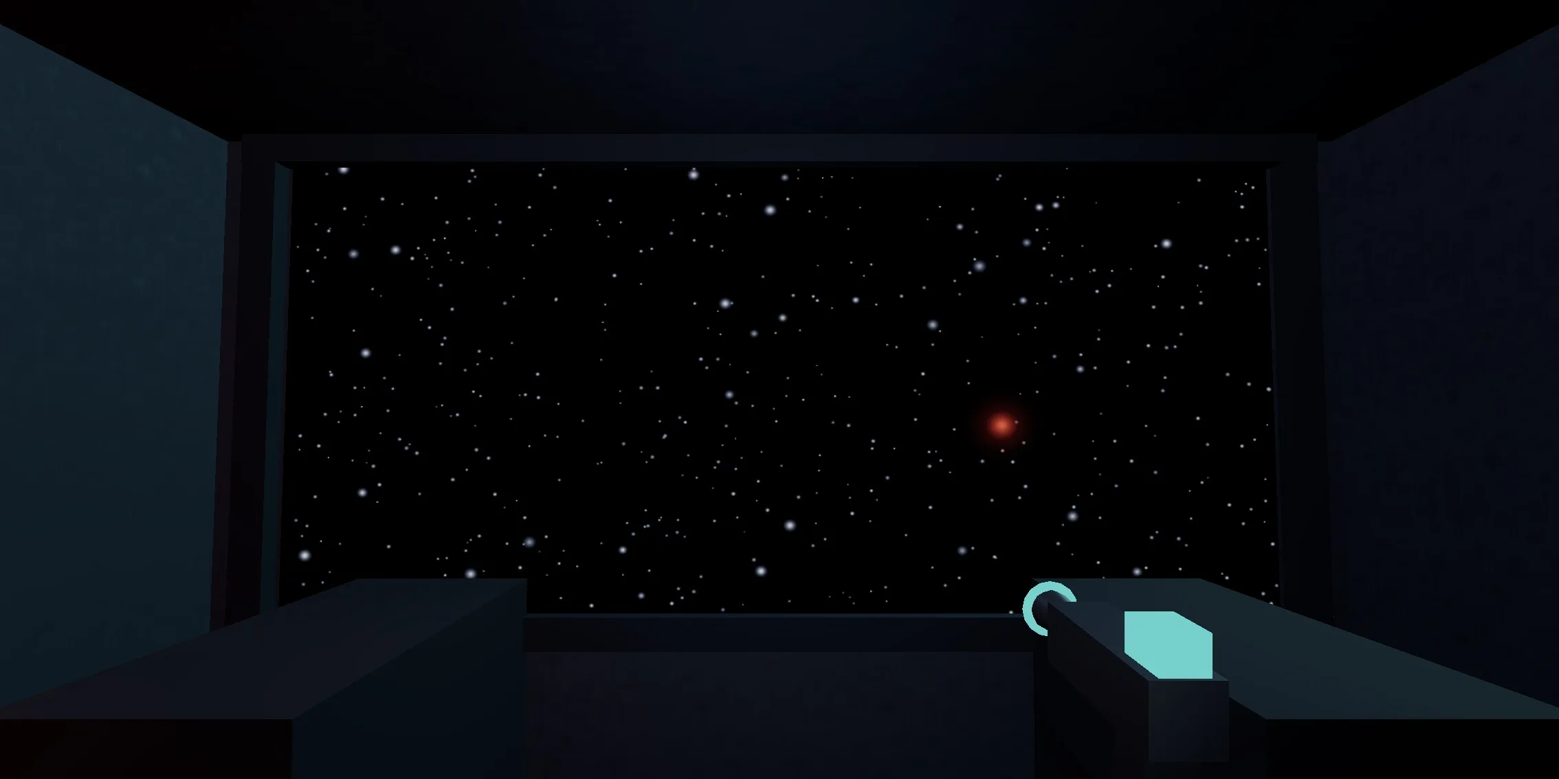 Inside the observation tower, lit only by the helmet lamp. Two low consoles stand against the walls, and the dead window is a black pane set into the west wall.