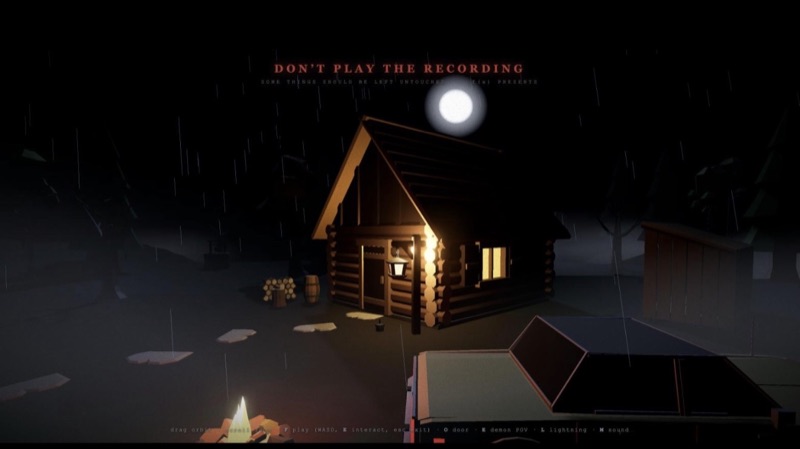 A lantern-lit log cabin at night in the rain, under a full moon