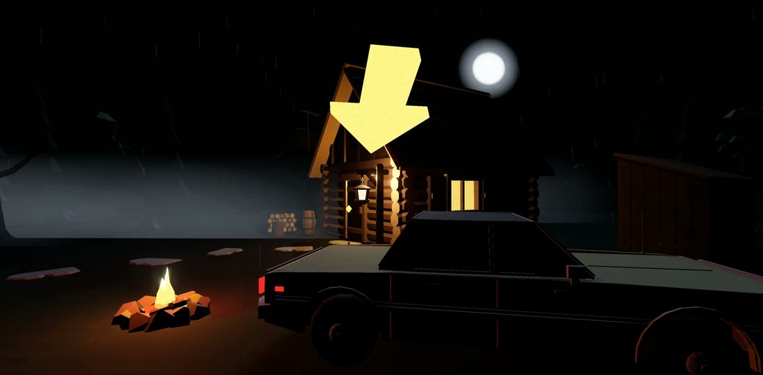 The cabin at night, lamps burning, dead car by the fire pit